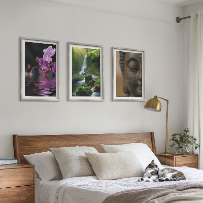 Gerahmtes bilderset Blumen, Wasserfall, Buddha-Felsen, Zen