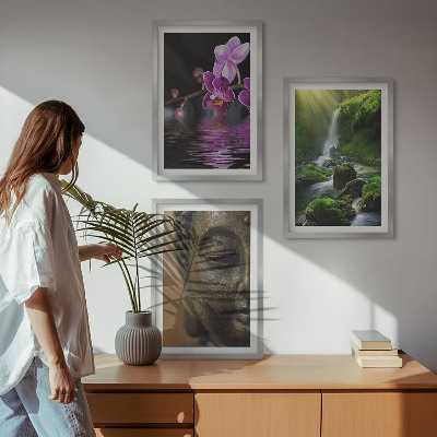 Gerahmtes bilderset Blumen, Wasserfall, Buddha-Felsen, Zen