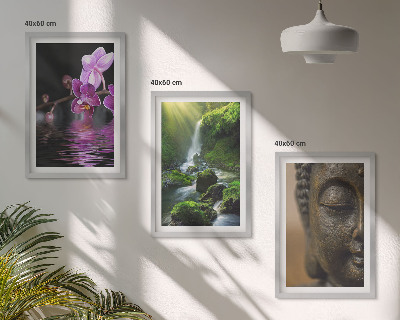 Gerahmtes bilderset Blumen, Wasserfall, Buddha-Felsen, Zen