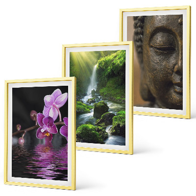 Gerahmtes bilderset Blumen, Wasserfall, Buddha-Felsen, Zen
