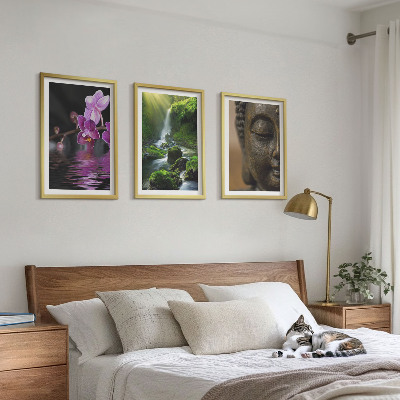 Gerahmtes bilderset Blumen, Wasserfall, Buddha-Felsen, Zen