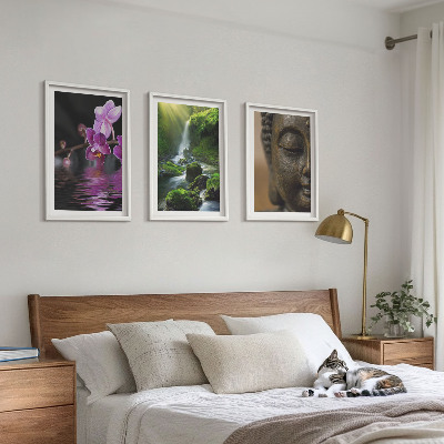 Gerahmtes bilderset Blumen, Wasserfall, Buddha-Felsen, Zen