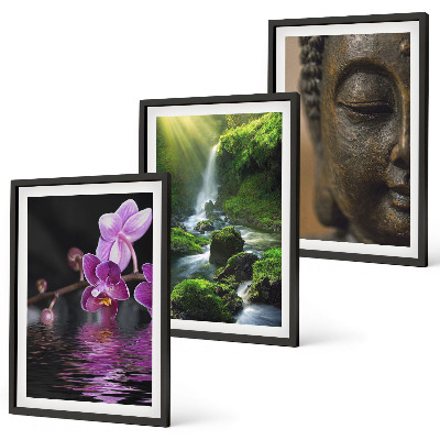Gerahmtes bilderset Blumen, Wasserfall, Buddha-Felsen, Zen