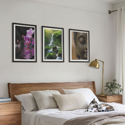 Gerahmtes bilderset Blumen, Wasserfall, Buddha-Felsen, Zen