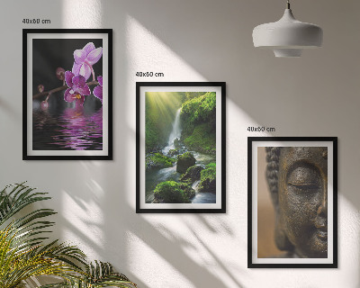 Gerahmtes bilderset Blumen, Wasserfall, Buddha-Felsen, Zen