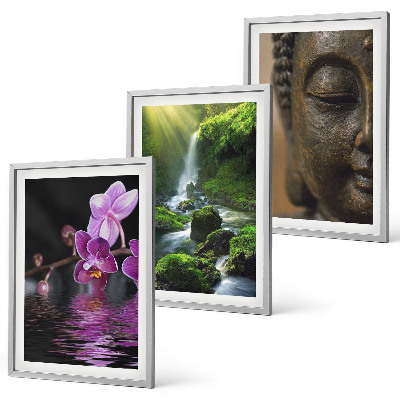 Gerahmtes bilderset Blumen, Wasserfall, Buddha-Felsen, Zen