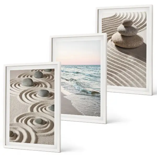 Wandbild-Set mit Rahmen Motiv Wellen, Sand, Wasser, Steine und Strand - 3er-Set
