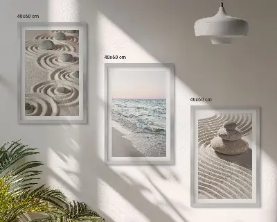 Wandbild-Set mit Rahmen Motiv Wellen, Sand, Wasser, Steine und Strand - 3er-Set