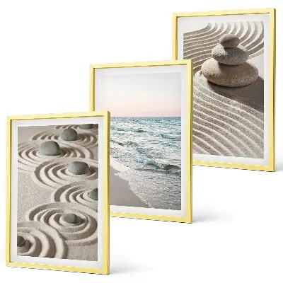 Wandbild-Set mit Rahmen Motiv Wellen, Sand, Wasser, Steine und Strand - 3er-Set