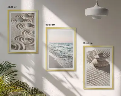 Wandbild-Set mit Rahmen Motiv Wellen, Sand, Wasser, Steine und Strand - 3er-Set