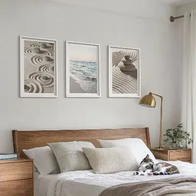 Wandbild-Set mit Rahmen Motiv Wellen, Sand, Wasser, Steine und Strand - 3er-Set