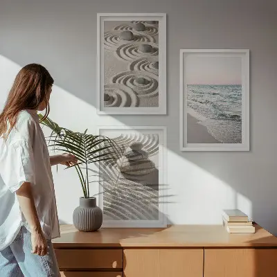 Wandbild-Set mit Rahmen Motiv Wellen, Sand, Wasser, Steine und Strand - 3er-Set