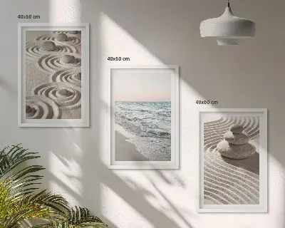 Wandbild-Set mit Rahmen Motiv Wellen, Sand, Wasser, Steine und Strand - 3er-Set