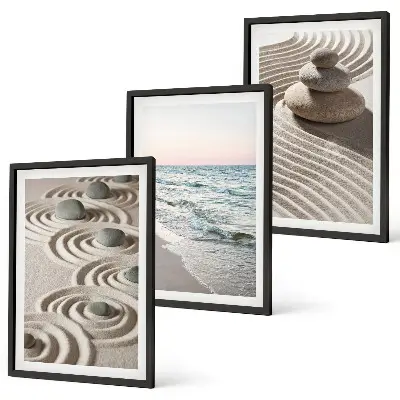 Wandbild-Set mit Rahmen Motiv Wellen, Sand, Wasser, Steine und Strand - 3er-Set