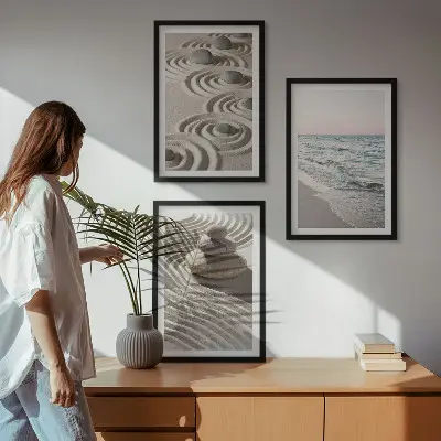 Wandbild-Set mit Rahmen Motiv Wellen, Sand, Wasser, Steine und Strand - 3er-Set