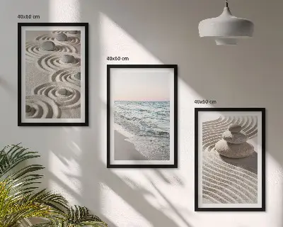 Wandbild-Set mit Rahmen Motiv Wellen, Sand, Wasser, Steine und Strand - 3er-Set