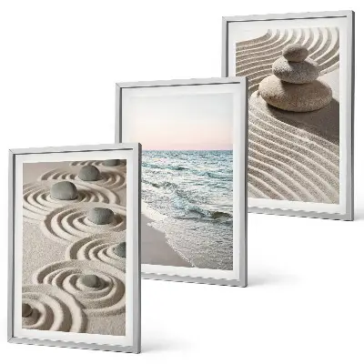 Wandbild-Set mit Rahmen Motiv Wellen, Sand, Wasser, Steine und Strand - 3er-Set