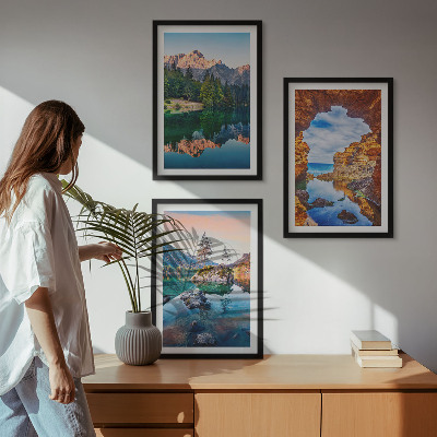 Bilder-3er-set mit rahmen Spiegelungen der Felsen in Bergseen