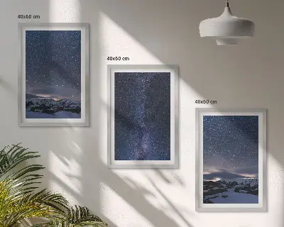 3er-Set Bilder mit Rahmen Motiv Nachthimmel mit Bergen und Sternen