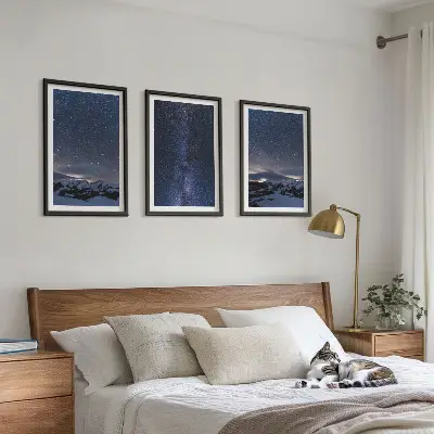 3er-Set Bilder mit Rahmen Motiv Nachthimmel mit Bergen und Sternen