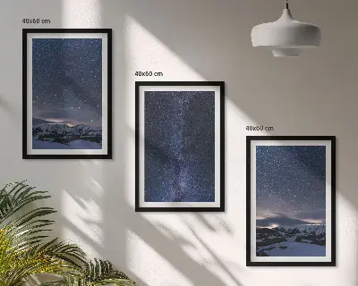 3er-Set Bilder mit Rahmen Motiv Nachthimmel mit Bergen und Sternen