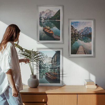 Gerahmtes bilderset See, Berge, Boote, Ferienhaus