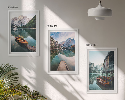Gerahmtes bilderset See, Berge, Boote, Ferienhaus