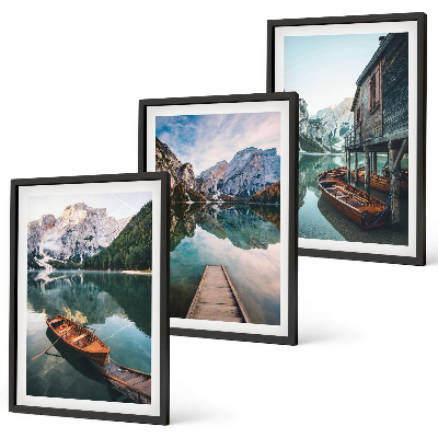Gerahmtes bilderset See, Berge, Boote, Ferienhaus