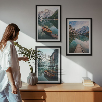 Gerahmtes bilderset See, Berge, Boote, Ferienhaus