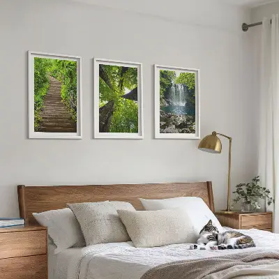 Wandbild-Set Wald mit Wasserfall 3er-Set mit Rahmen