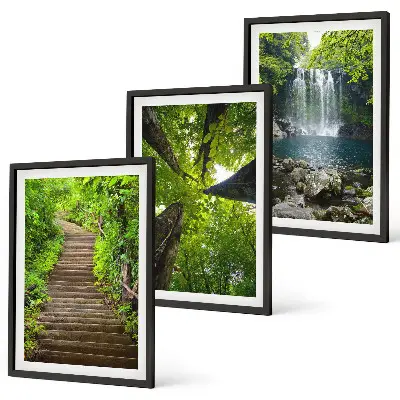 Wandbild-Set Wald mit Wasserfall 3er-Set mit Rahmen