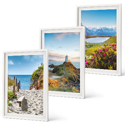 Bilder-3er-set mit rahmen Strand, Leuchtturm, Berge, Blumen