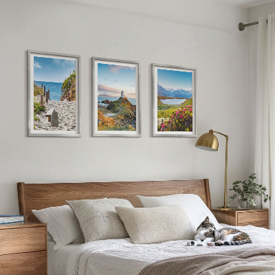 Bilder-3er-set mit rahmen Strand, Leuchtturm, Berge, Blumen
