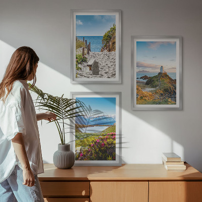 Bilder-3er-set mit rahmen Strand, Leuchtturm, Berge, Blumen