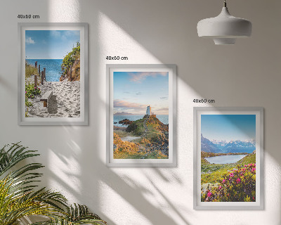 Bilder-3er-set mit rahmen Strand, Leuchtturm, Berge, Blumen