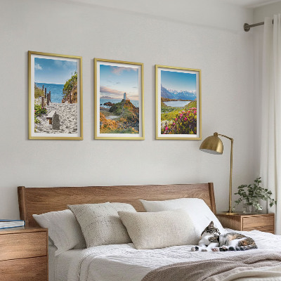 Bilder-3er-set mit rahmen Strand, Leuchtturm, Berge, Blumen
