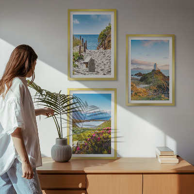 Bilder-3er-set mit rahmen Strand, Leuchtturm, Berge, Blumen