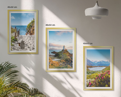 Bilder-3er-set mit rahmen Strand, Leuchtturm, Berge, Blumen