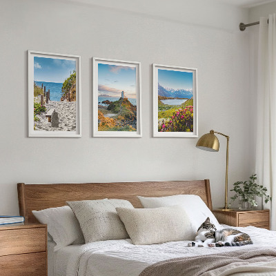 Bilder-3er-set mit rahmen Strand, Leuchtturm, Berge, Blumen