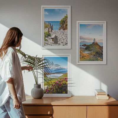Bilder-3er-set mit rahmen Strand, Leuchtturm, Berge, Blumen