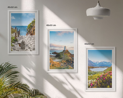 Bilder-3er-set mit rahmen Strand, Leuchtturm, Berge, Blumen