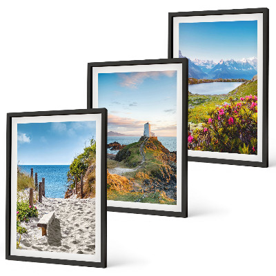 Bilder-3er-set mit rahmen Strand, Leuchtturm, Berge, Blumen