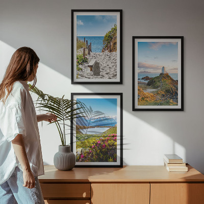 Bilder-3er-set mit rahmen Strand, Leuchtturm, Berge, Blumen