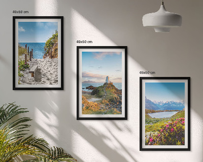 Bilder-3er-set mit rahmen Strand, Leuchtturm, Berge, Blumen