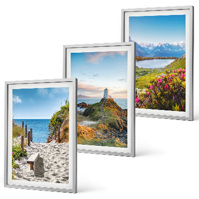 Bilder-3er-set mit rahmen Strand, Leuchtturm, Berge, Blumen