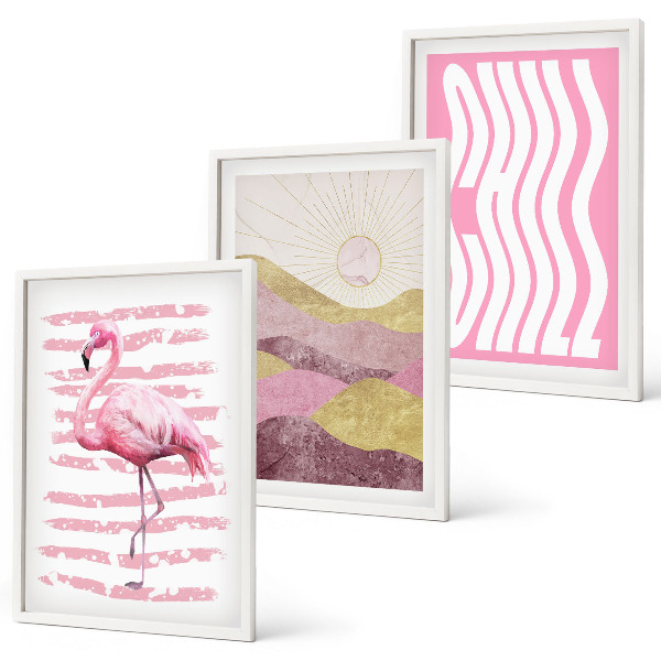 Bilder-3er-set mit rahmen Pastelllandschaft mit rosa Flamingos