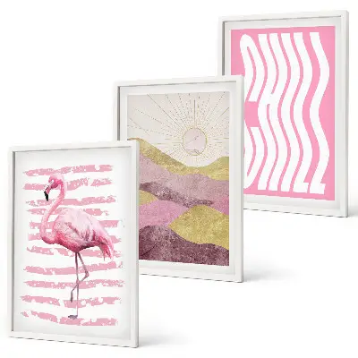 Pastelllandschaft mit rosa Flamingos 3er-Set Bilder mit Rahmen