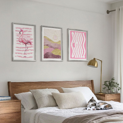 Bilder-3er-set mit rahmen Pastelllandschaft mit rosa Flamingos