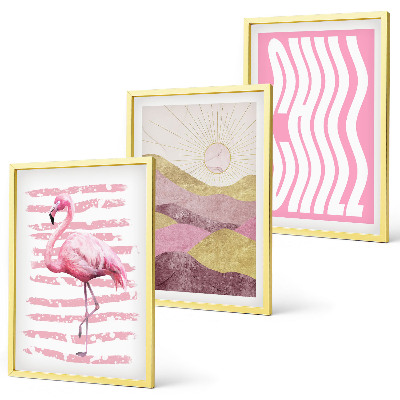 Bilder-3er-set mit rahmen Pastelllandschaft mit rosa Flamingos