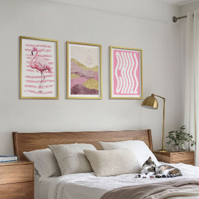 Bilder-3er-set mit rahmen Pastelllandschaft mit rosa Flamingos